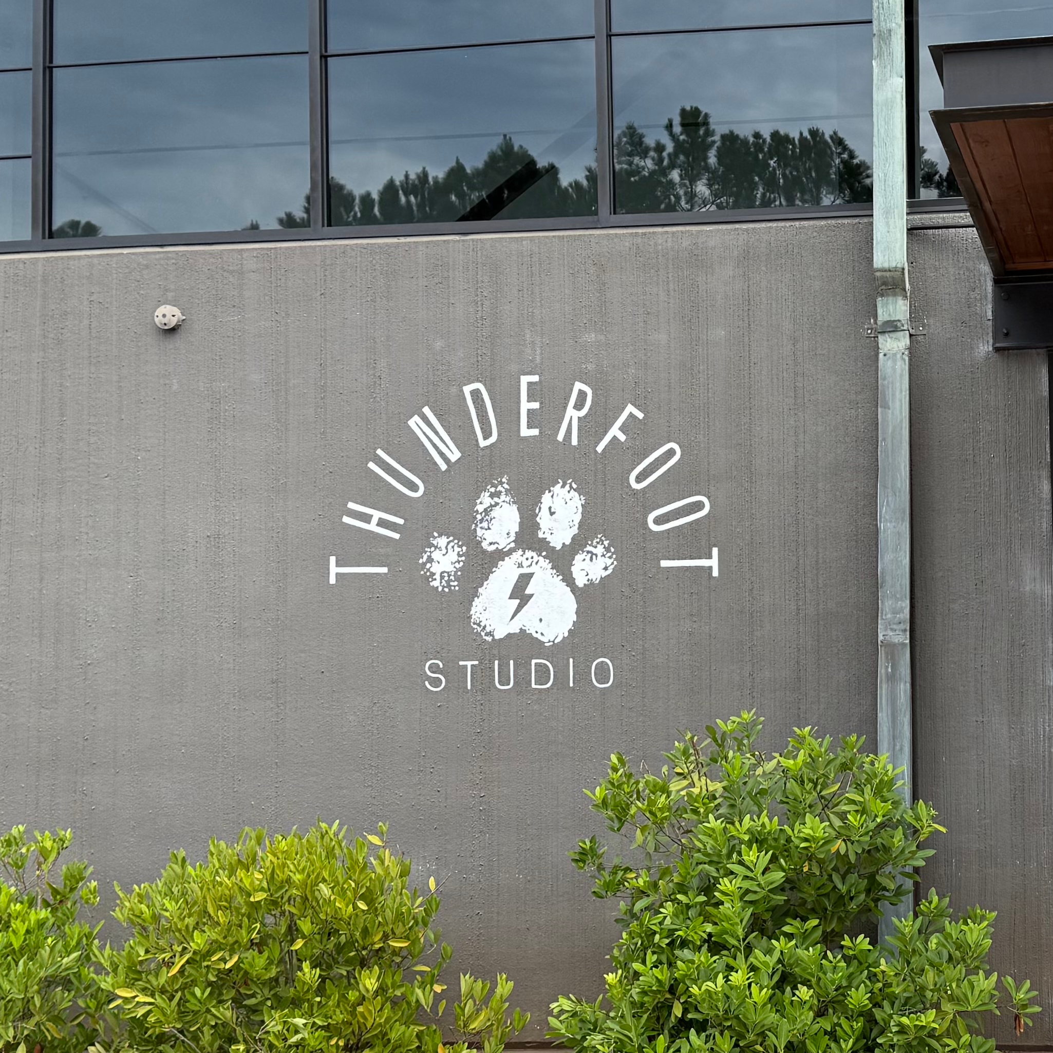A dark wall painted with a white Thunderfoot paw-print logo that reads "Thunderfoot Studio"