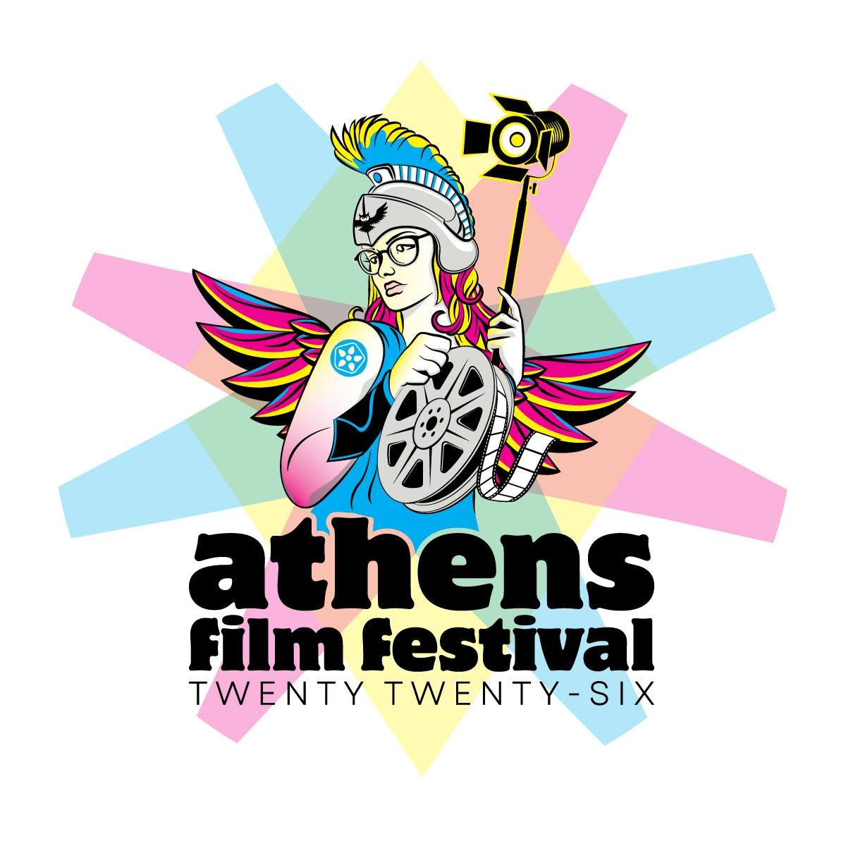 Set against a cyan, magenta, and yellow starburst, the goddess Athena holds a reel of film in one hand an a light on a stick in the other. The logo reads "Athens Film Festival, Twenty-Twenty Six"